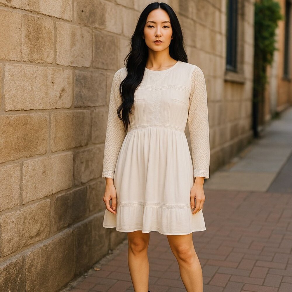 Forever 21 Boho White Long Sleeve Mini Dress L Wedding Guest